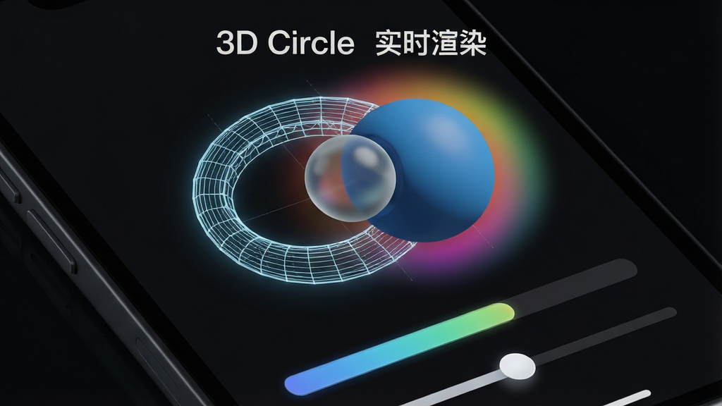 һ��չʾ3D CircleӦ����ʵʱ��Ⱦ���̵���дͼ������Ϊ�ֻ���Ļ�ϵ�����Բ��ͼ�����ڴ��߿�ģʽ���ɵ�ʵ����Ⱦ������Ϊ��Ļ���У��Ű�ͻ����Ⱦ��������������飬���Ϊ����Ƽ��磬ϸ�ڰ�������������ߡ���͸��������ɫ�ʽ�����Σ����ʸ���ɾ����޶���Ԫ�أ����������ֱ�ע��3D Circle ʵʱ��Ⱦ����