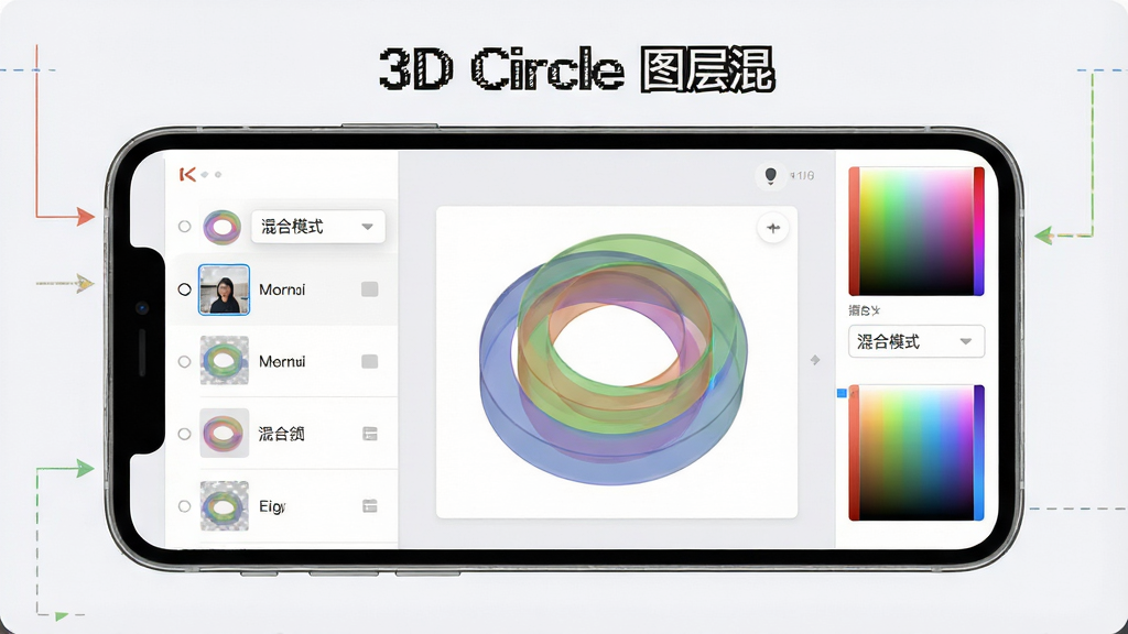 һ��չʾ3D Circle��ͼ���ϱ༭�����ʾ��ͼ������Ϊ�ֻ���Ļ��ʾ�����͸������Բ���໥���������ֲ��ò����ͼ���б�������Ԥ�������Ű����������Ϊ��ƽ����ƣ�ϸ�ڰ���ͼ������ͼ�����ģʽ�����˵���ɫ��ʰȡ�������ʸɾ����޶���Ԫ�أ����������ֱ�ע��3D Circle ͼ���ϡ���
