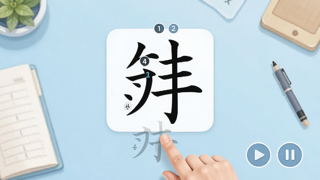 AI����ѧ���˳��ʾ���ܽ��棬����������һ���Ŵ�ĺ��֣��Ϸ��бʻ�˳�����ֱ�ע���·�����ָ��ġ�Ĺ켣�ߣ��Ա��в��ź���ͣ��ť��������ǳ��ɫ��ѧϰ���棬��������£������������ɾ����࣬�޶���Ԫ��