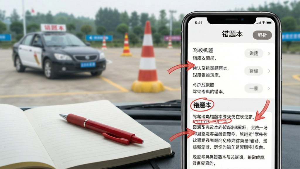 一张展示驾车考典错题本与解析功能的图片,画面主体是手机屏幕特写,显示错题列表和详细解析文字,旁边有红色标记和箭头指示。背景是模糊的驾校训练场场景,有教练车和标杆。布局上手机位于画面右侧,左侧留白处放置一个笔记本和红笔。风格写实偏教育类,细节包括屏幕上的“错题本”标签和“解析”按钮,画质清晰,色彩柔和,无多余装饰。