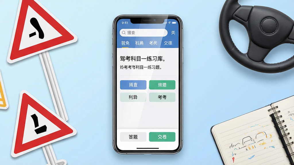 一张展示驾车考典手机应用界面的场景图,画面中央是一部竖屏智能手机,屏幕上显示着驾考科目一练习题库界面,顶部有搜索框和分类标签,中间是题目与选项按钮,底部有答题卡和交卷按钮。手机周围散落着交通标志卡片、方向盘模型和笔记本,背景是浅蓝色渐变书桌桌面。整体布局居中对称,风格清新简约,细节上手机屏幕有轻微高光反射,卡片边缘有柔和阴影,画质清晰干净,无多余元素,适合软件下载站配图使用。