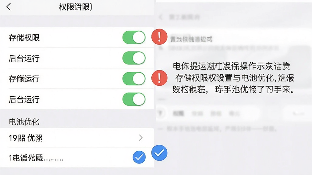 一张驾车考典在手机端运行时的权限设置与电池优化界面示意图,画面展示手机设置页面的截图风格,有权限开关按钮和电池优化选项,旁边标注红色感叹号和蓝色对勾图标。布局为左右分栏,左侧是权限列表,右侧是操作提示文字。风格简洁教程类,细节包括“存储权限”“后台运行”等标签,画质清晰,无杂乱背景。