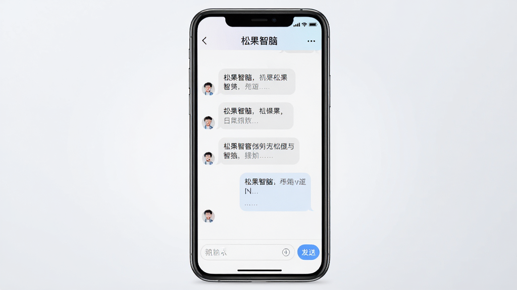 一张手机应用界面展示图,画面中央是“松果智脑”APP的对话主界面,顶部显示软件名称“松果智脑”,中间是聊天气泡形式的问答内容,底部是输入框和发送按钮,整体采用浅色简洁风格,手机机身以正面视角居中摆放,背景为干净的浅灰渐变,画质清晰,无多余元素