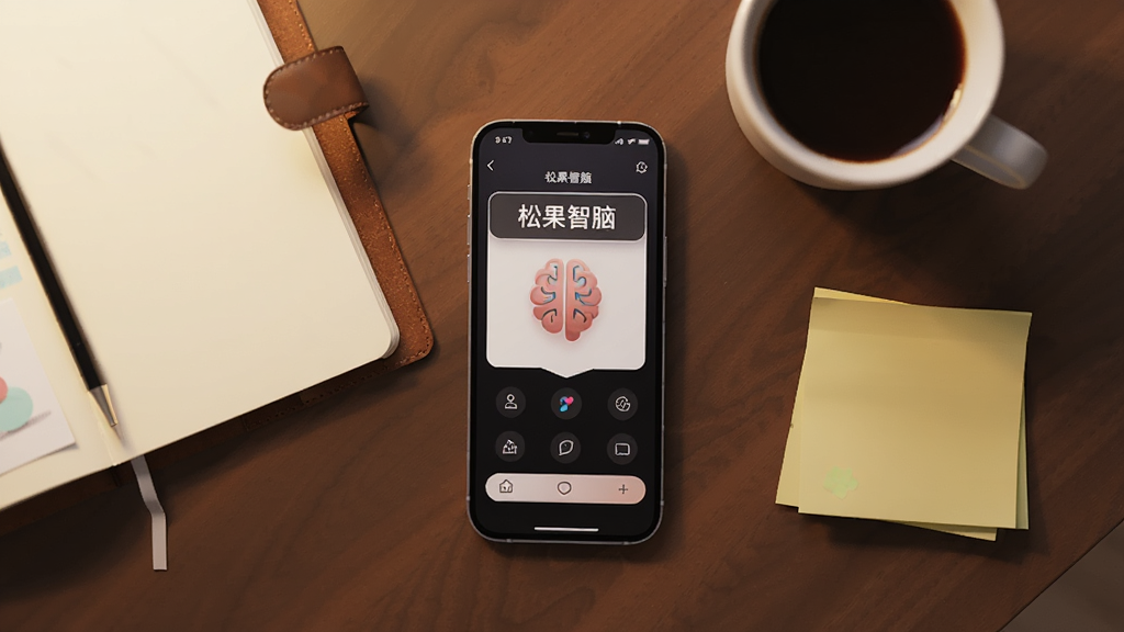 一张俯视视角的桌面场景图,桌面上有一部手机显示“松果智脑”的文字生成界面,旁边放着打开的笔记本和一杯咖啡,画面右侧有便签纸,整体色调温暖,风格简约商务,画质细腻,无杂乱元素