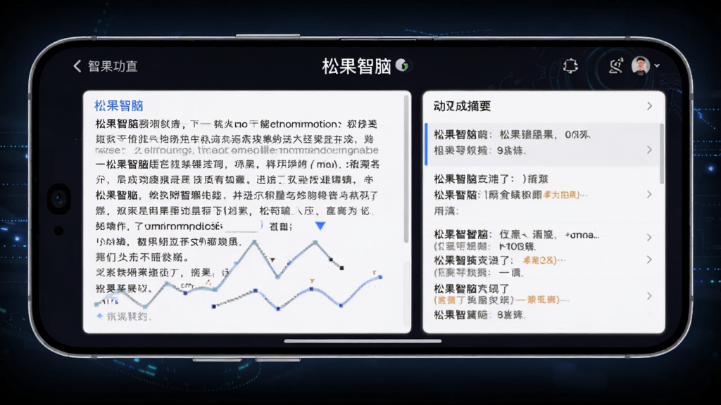 一部手机横屏展示“松果智脑”的摘要提炼功能界面,屏幕左侧是长文本输入区,右侧是自动生成的摘要结果,界面布局清晰,背景为深色科技感风格,手机周围有淡淡的光效,画质高清,主体明确