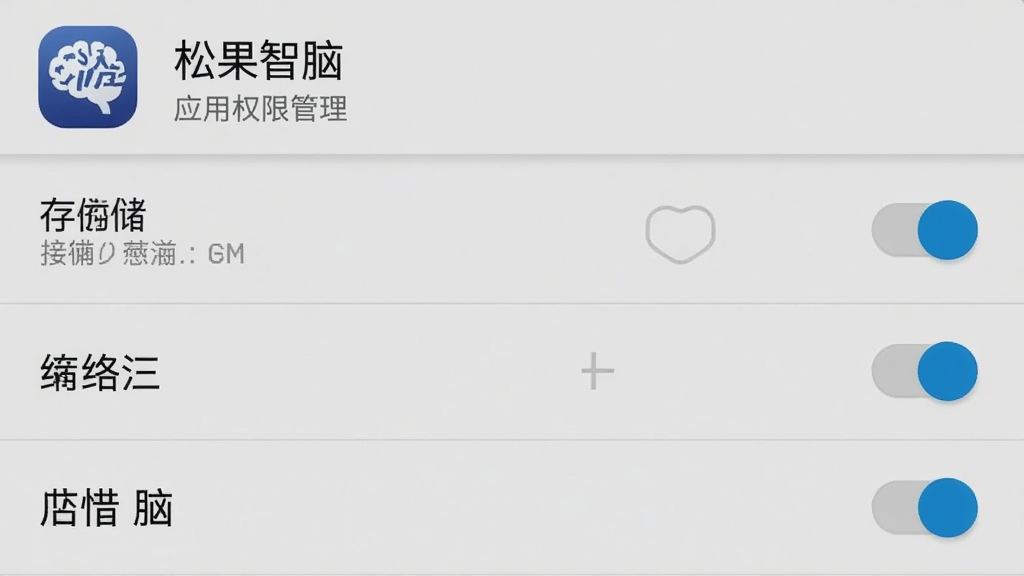 一张手机设置界面的截图风格图片,画面中展示“应用权限管理”页面,其中有存储、网络等权限开关,界面顶部显示“松果智脑”应用名称,整体为安卓原生设置风格,画质清晰,布局规整