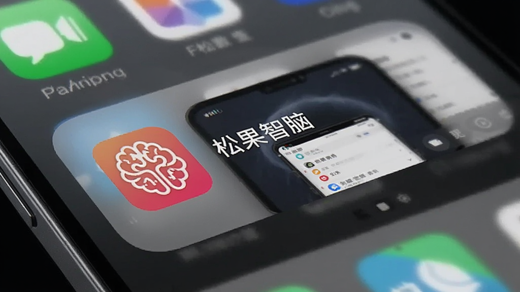 一张展示手机多任务切换界面的图片,画面中“松果智脑”应用卡片清晰可见,背景是模糊的其他应用卡片,手机以倾斜角度呈现,整体风格现代简洁,画质清晰,突出松果智脑的应用图标和界面缩略图