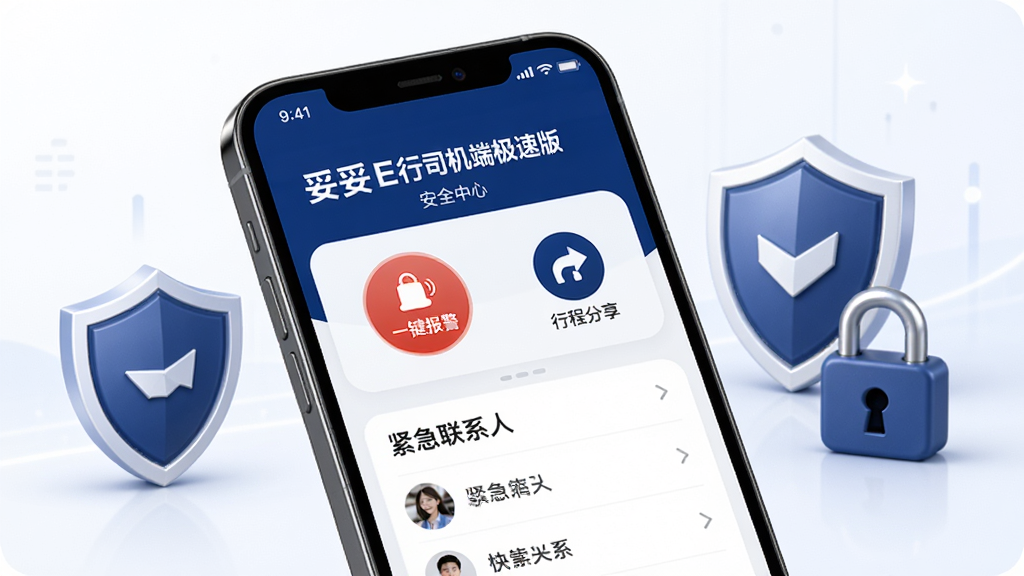 ����չʾ������E��˾���˼��ٰ桱�İ�ȫ���Ľ��棬�ֻ���Ļ����һ��������ť���г̷���ͼ��ͽ�����ϵ���б����ֻ����ж��ƺͰ�ȫ�����ţ����������ذ��ģ��������ɫ���䣬�Ű�������ϸ�ڵ�λ�����ʸ��壬�޶���װ�Ρ�
