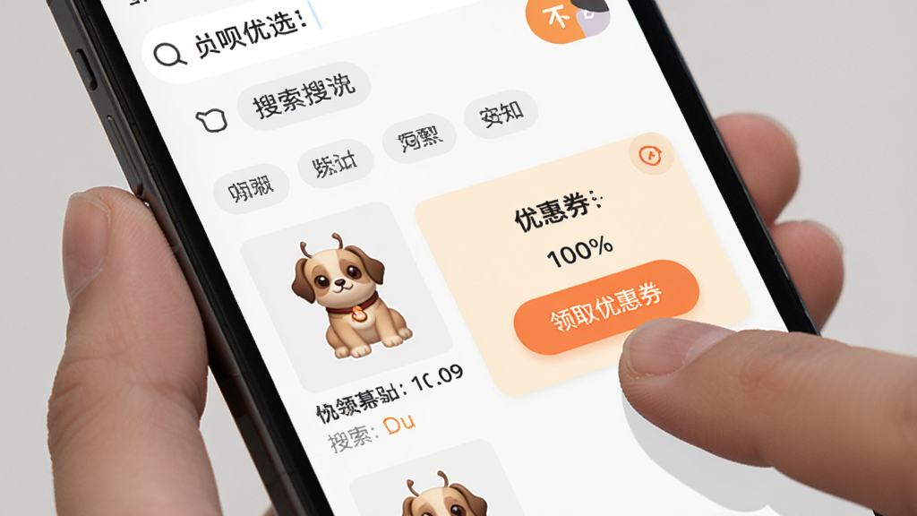 ����չʾ������ѡAPP���ֻ��ϵĲ���������д������Ϊ�ֻ���Ļ����ʾ��Ʒ�������Ż�ȯ��ȡҳ�棬���ֲ������·����ṹ���Ϸ�Ϊ�������ɸѡ��ǩ���·�Ϊ��Ʒ�б����Ż�ȯ��Ƭ���Ű����������Ϊ�ִ���ƽ����ƣ�ϸ������ָ���ڵ����ȡ�Ż�ȯ��ť�����ʸ��壬�ɾ����޶���Ԫ��