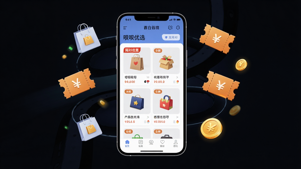 ���廭�����ֻ�APP����չʾΪ���ģ�������һ�������ֻ����з��ã���Ļ����ʾ������ѡAPP��ҳ���棬������Ʒ�Ƽ���Ƭ����ʱ�Żݱ�ǩ���ײ���������Ԫ�أ����ֲ��þ��жԳƹ�ͼ���Ű��������򣬷��Ϊ�ִ���Լ�Ƽ��磬ϸ�����ֻ���Χ����Ư���Ĺ�������Ż�ȯ����ҵ�Сͼ�꣬���ʸ��壬�ɾ����޶���Ԫ��