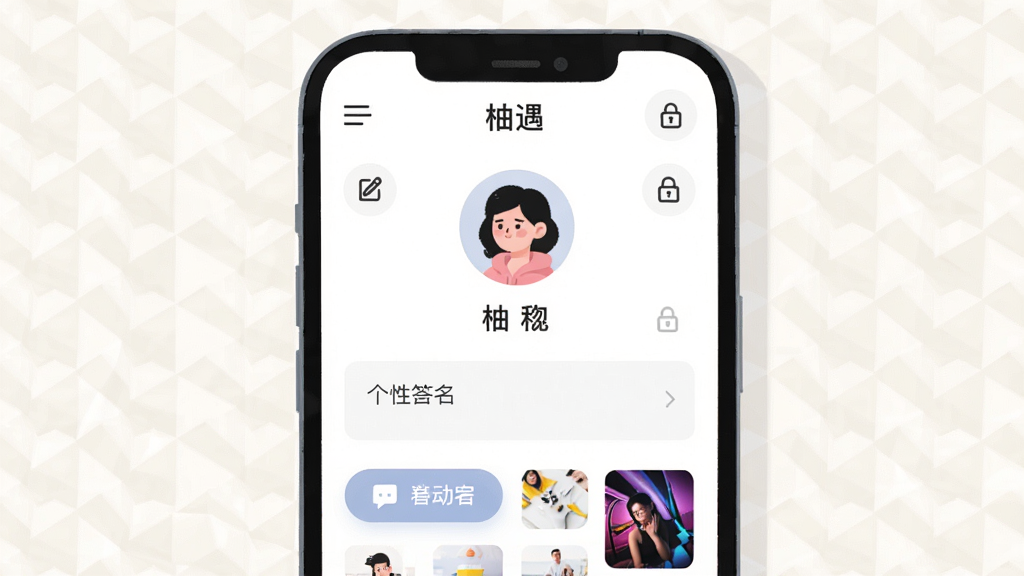 һ��չʾ�罻Ӧ�ø�������ҳ��Ĳ廭�������������ֻ���Ļ����Ļ����ʾԲ��ͷ���ǳ���������ǩ����������ɹ��ܰ�ť�����涥���С�����������������Ϊǳɫ�������������Ϊ�ִ���ƽ�廭��ϸ�ڰ����༭ͼ�ꡢ��˽����ͼ�ꡢ��̬����ͼ�����ʸ��壬�ɾ����޶���Ԫ��