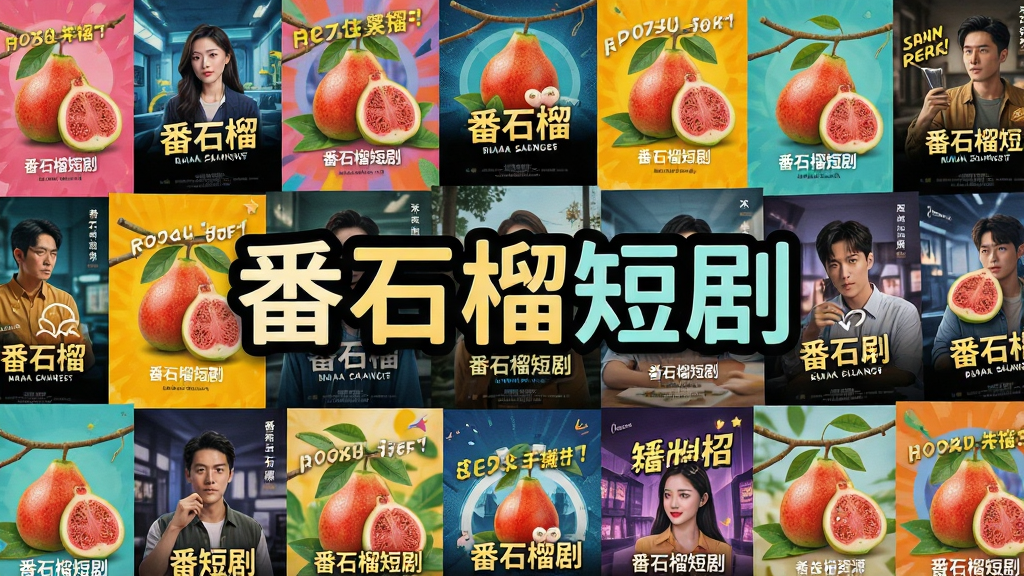 一张展示番石榴短剧海量资源的宣传图,画面中是一面由众多短剧海报拼接而成的照片墙,海报风格各异,色彩鲜艳,中间有“番石榴短剧”字样,布局错落有致,风格活泼,细节丰富,画质高清,干净,无多余元素
