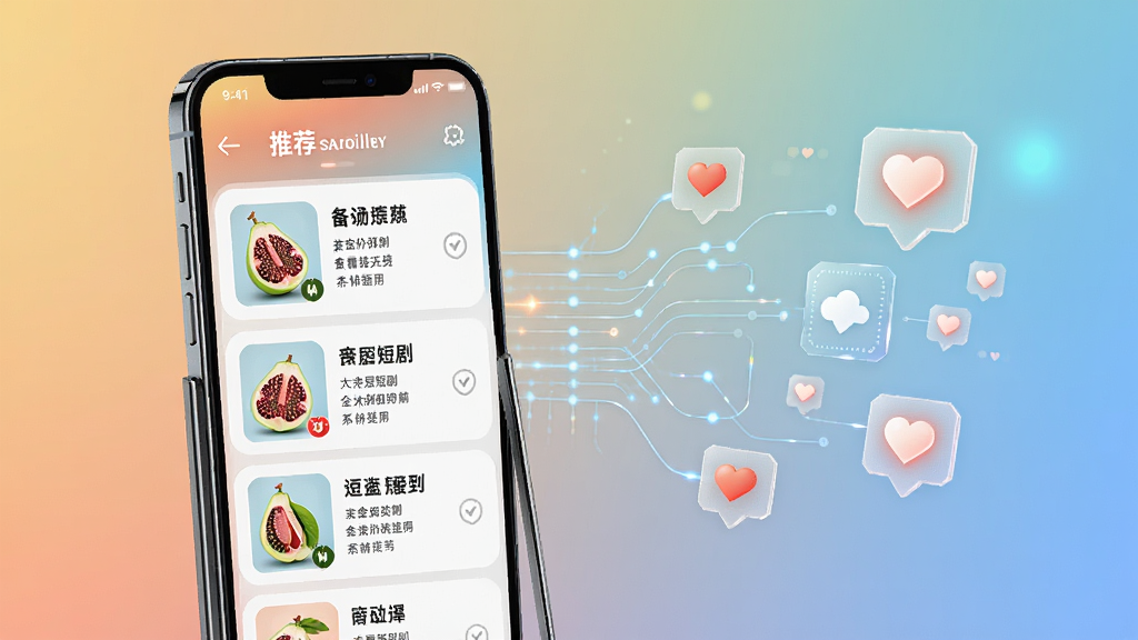 一张展示番石榴短剧个性化推荐功能的示意图,画面中手机屏幕显示推荐列表,旁边有抽象的算法线条和爱心图标,背景为柔和的渐变色,风格科技感与温馨感结合,细节清晰,画质高清,干净,无多余元素