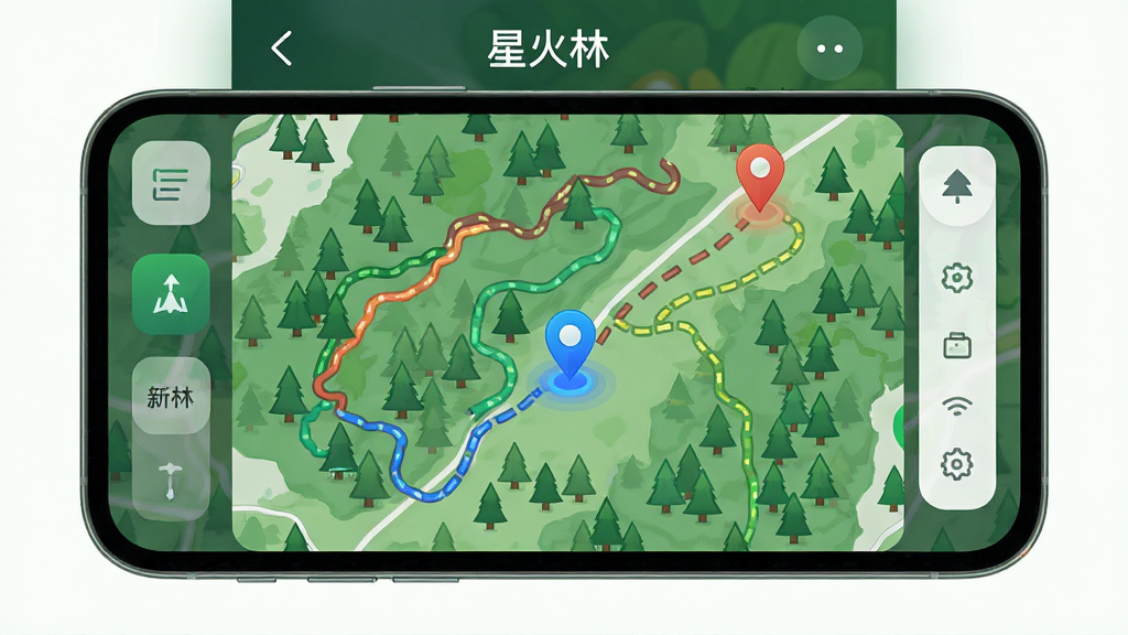 ����Ϊһ������������ͼ���棬�������ֻ���Ļ�У���ͼ�ϱ�ע�˶�����ɫ·�ߺͶ�λͼ�ꣻ�Ű��ϵ�ͼռ����Ҫ���棬��Χ�м��Ĳ˵���ť�����Ϊ�ִ��Ƽ�������Ȼ�����ϣ�ϸ�ڰ�����ľͼ�ꡢ·�����ߡ���ǰλ�����㣻���ʸ��壬�ɾ��޶���Ԫ�أ���Ļ�Ϸ���ʾ���ǻ��֡�������