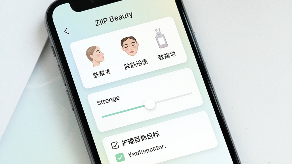 һ��չʾZIIP BeautyӦ�ø��Ի������������ý����ͼƬ������Ϊ�ֻ���Ļ��ʾ����ѡ��ǿ�ȵ��ڻ���ͻ���Ŀ�깴ѡ�����Ϊ�������еĿ�Ƭʽ��ƣ��Ű����룬���Ϊ����ǳɫϵ��ϸ�ڰ�����͵Ľ��䱳������ϸ��ͼ������������ֱ�ǩ�����ʸ��壬�ɾ����޶���Ԫ��