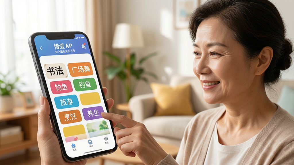 ����չʾ����ϧ��APP����Ȥ��ǩѡ����棬��Ļ�������š��鷨�����㳡�衱�����㡱�����Ρ�����⿡����������Ȳ�ɫ��ǩ��ť��һλ����Ů���û���΢Ц�ŵ����Ļ�������������ľӼһ����������ܰдʵ��ϸ�ڷḻ�����ʸ��壬�ɾ��޶���Ԫ��
