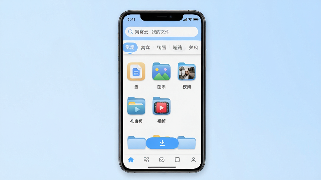 �����ư�׿��Ӧ���������ͼ����������չʾ�ֻ���Ļ����Ļ�ڳ���������App���ļ�������ҳ��������������������ǩ���в������ĵ���ͼƬ����Ƶ���ļ���ͼ�꣬�ײ����ϴ���ť�뵼���������岼��Ϊ����չʾ�ֻ�������ͼ������Ϊǳ��ɫ���䣬�������ˬ��ϸ�ڰ���Բ��ͼ�ꡢ�����Ӱ��״̬���źű�ʶ����������������ɾ����޶���Ԫ�أ���Ļ�����ֱ�ע�������ơ��롰�ҵ��ļ�����