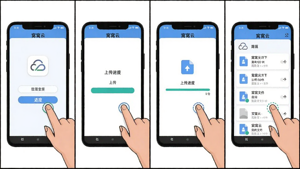 �����ư�׿���������ʾ��ͼ������Ϊһ���ֻ�չʾ������App�ӵ�¼���ϴ��ļ����ĸ��������棬����Ϊ�������е��ĸ�������ʽ�����Ϊ��ƽ���廭������Ϊ��ɫ��ϸ�ڰ�����ָ���ͼ�ꡢ�ϴ����������ļ��б�����������������ɾ����޶���Ԫ�أ�ÿ�����涥����ע�������ơ���