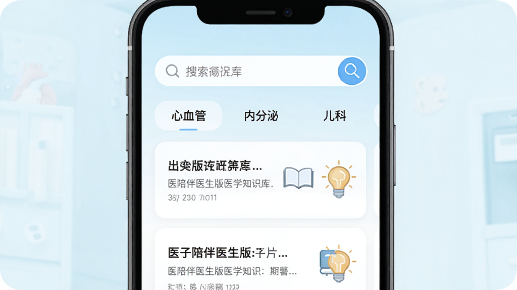 ҽ���ҽ����ҽѧ֪ʶ����棬�ֻ���Ļ��ʾ������ͷ����ǩ���硰��Ѫ�ܡ����ڷ��ڡ������ơ����·���֪ʶ��Ƭ�б����Ա����鱾�͵���ͼ�꣬������ͣ��������ǳɫ�����ʸɾ��������޶���Ԫ�ء�