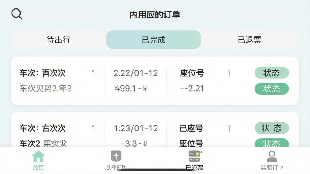 ��Ʊ��ѯ��ƱӦ���ڶ������������ͼ������չʾ�ҵĶ����б������������С�����ɡ�����Ʊ�ȱ�ǩҳ��ÿ��������ʾ���Ρ����ڡ���λ�ź�״̬��ǩ�������Կ�Ƭʽ���ֳ��֣���ɫ��ͣ��������ǳɫ��ϸ�ڰ�����������ͼ��͵ײ��˵��������������ɾ�