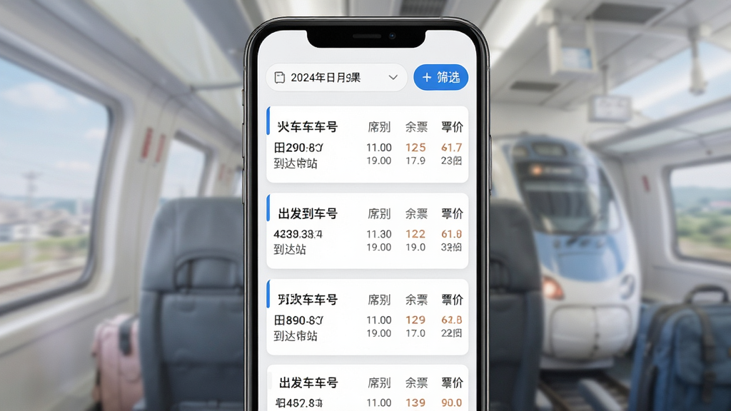 �ֻ�Ӧ����չʾ��Ʊ��ѯ��Ʊ����Ʊ��ѯ���ҳ�棬��������Ϊ���ο�Ƭ�б���ÿ�ſ�Ƭ��ע���κš���������վ��ʱ�䡢ϯ����Ʊ��Ʊ�ۣ�����������ѡ������ɸѡ��ť����ɫ�԰�ɫ��ǳ��Ϊ������׺��ɫ���������������ϸ�����������ʸ���ɾ�������Ԫ��