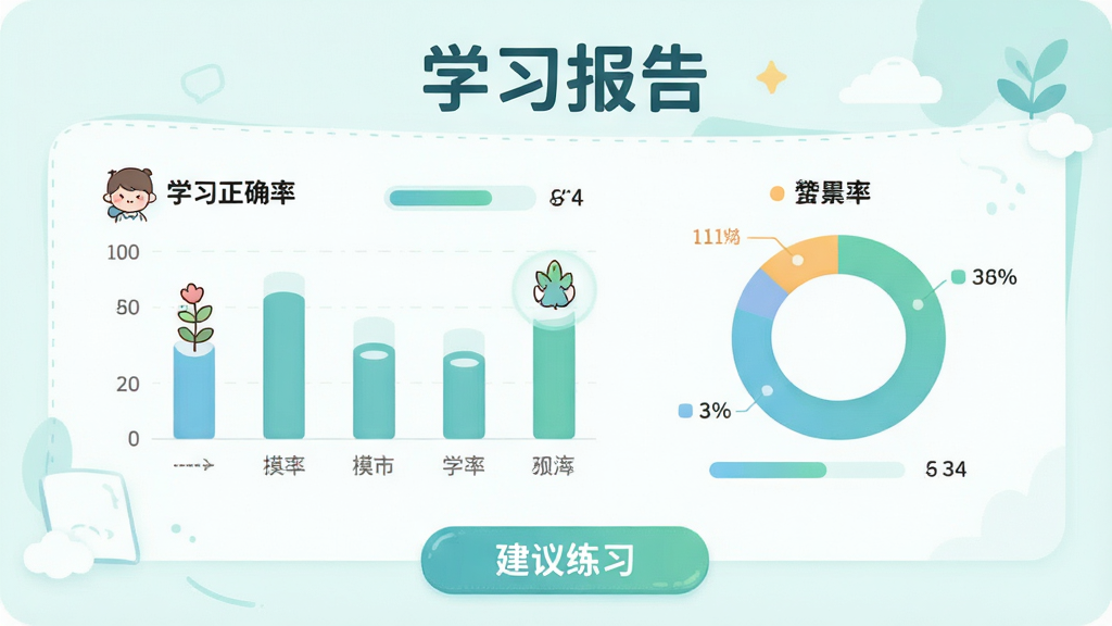 ��������ѧϰ����ҳ�棬����չʾ��״ͼ�ͻ���ͼ������Ϊ�Ϸ����⡰ѧϰ���桱���в�Ϊ��ģ����ȷ��ͳ��ͼ���ײ�Ϊ������ϰ��ť�����Ϊ�������ݿ��ӻ���ϸ�ڰ�����͵�����ɫ������ͨͼ�ꡢ�������������������ɾ����޶���Ԫ��