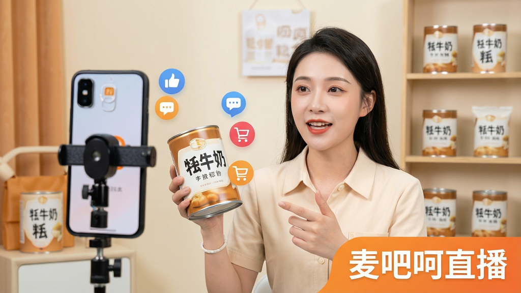 һ��չʾ��ɺ�ֱ�����﹦�ܵĻ��棬������һλ�����ֳ���ţ�̷۹ޣ�����ֻ���ͷ���н��⣬�ֻ���Ļ�Ա�Ư���ŵ��ޡ����ۺ͹��ﳵͼ�ꡣ�����Ǽ���ֱ���䲼�ã��в�Ʒչʾ�ܡ�ͼƬ���½������ı�ע����ɺ�ֱ��������������������ִ���ɫ����ů����������������ͻ�����޶�������Ԫ�ء�