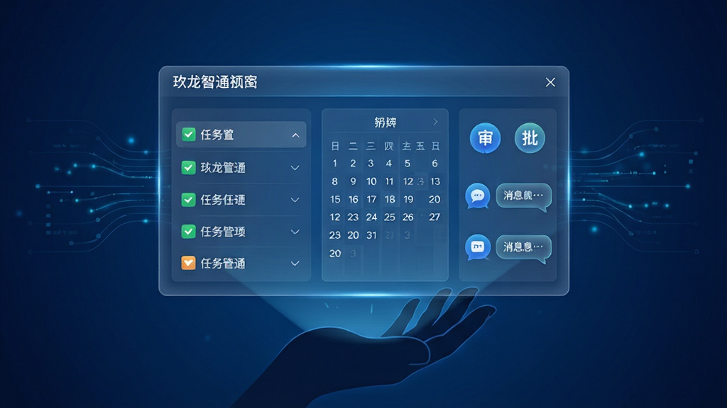 一张展示玖龙智通一站式工作台功能的AI生图,画面主体为悬浮在空中的半透明数字面板,面板上整齐排列着任务列表、日历日程、审批图标与消息气泡,面板下方有手掌托举的剪影,背景为深蓝色科技感渐变,布局采用中心对称构图,风格简洁高效,细节处可见图标边缘的微光与数据流动线条,画质清晰干净,无多余装饰元素。