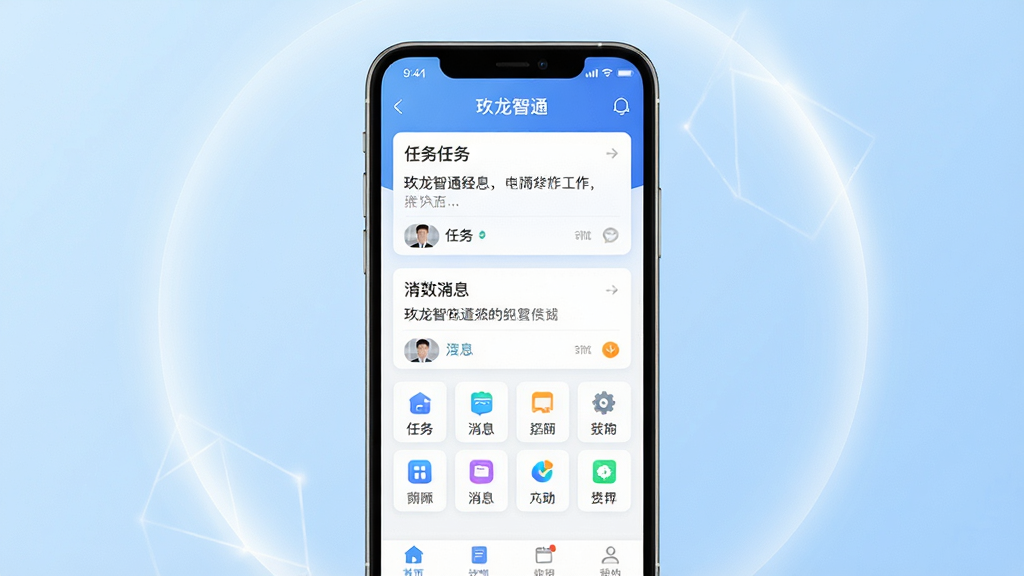 一张展示玖龙智通移动端应用主界面的预览图,画面中央放置一部智能手机,屏幕内呈现玖龙智通APP的工作台首页,包含任务卡片、消息通知与功能图标,背景为简洁的浅蓝色渐变,四周环绕着柔和的几何光晕,整体布局居中对齐,风格现代商务,细节清晰可见图标与文字排版,画质干净无多余元素,高清渲染。