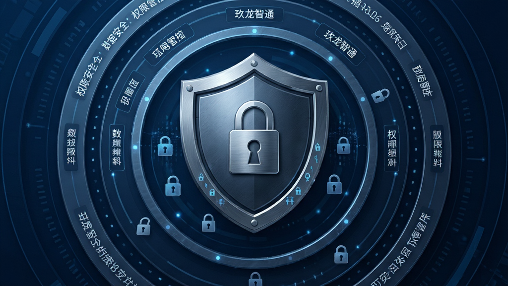一张展示玖龙智通数据安全与权限管控功能的AI生图,画面中央为一个盾牌形图标,盾牌表面刻有锁形纹路,周围环绕着多层同心圆环,每层圆环上标注着不同的权限标签,背景为深色系科技蓝,布局居中对称,风格稳重可靠,细节处可见盾牌边缘的金属质感与数据加密符号,画质高清,无多余元素干扰。
