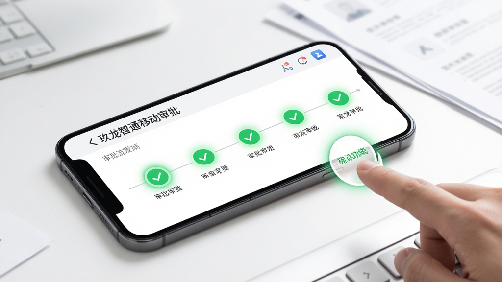 一张展示玖龙智通移动审批功能的AI生图,画面中一部手机横置,屏幕内显示审批流程时间轴,节点依次亮起绿色对勾,旁边有手指点击确认的动效示意,背景为白色办公桌面与淡淡的文件虚影,布局采用对角线构图,风格商务简约,细节处可见屏幕内文字与图标的精细渲染,画质干净,无杂乱背景元素。