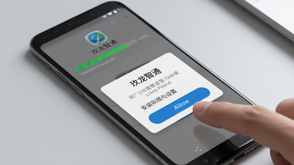一张展示玖龙智通在安卓手机上安装与权限设置界面的AI生图,画面中一部手机屏幕显示应用安装进度条与权限授权弹窗,旁边有手指点击允许按钮的动作,背景为浅灰色桌面,布局采用斜视角展示,风格写实清晰,细节处可见弹窗文字与按钮的精细渲染,画质高清干净,无多余元素。