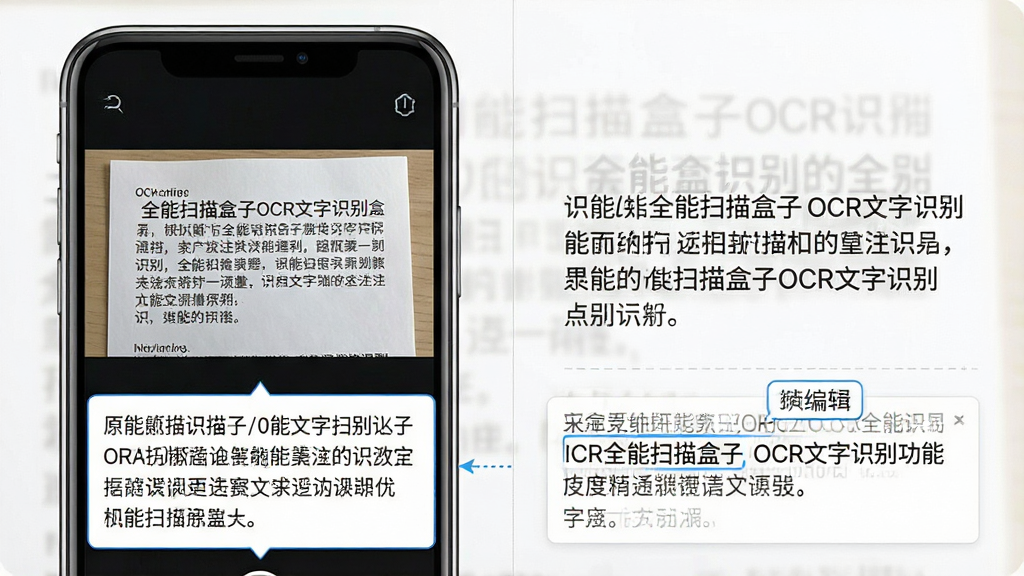 一张展示“全能扫描盒子”OCR文字识别功能的示意图,主体是手机屏幕显示一张带有文字的图片,图片下方自动生成可复制的文本框,布局为左右分屏对比,左侧为原图,右侧为识别出的文字,风格为简洁商务风,细节上强调文字的精准提取和可编辑状态,画质清晰,干净,无多余元素