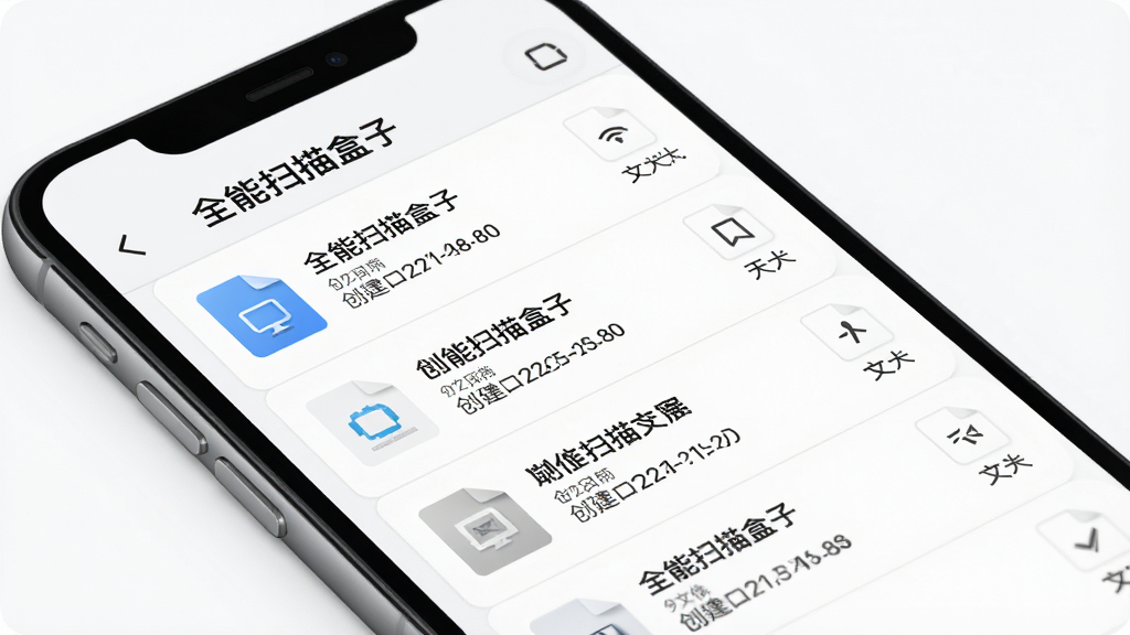 一张展示“全能扫描盒子”文档管理界面的效果图,主体是手机屏幕显示一个列表,列表中排列着多个带有缩略图的文档文件,布局为列表式排列,风格为简约现代,细节包括文件名称、创建日期和文件大小等信息,画质清晰,干净,无多余元素