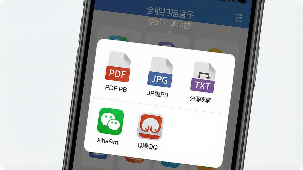 一张展示“全能扫描盒子”导出分享功能的界面图,主体是手机屏幕弹出分享菜单,菜单中包含PDF、JPG、TXT等格式图标以及微信、QQ等应用图标,布局为手机屏幕特写,风格为清爽扁平化,细节上体现文件格式的多样性和分享的便捷性,画质清晰,干净,无多余元素