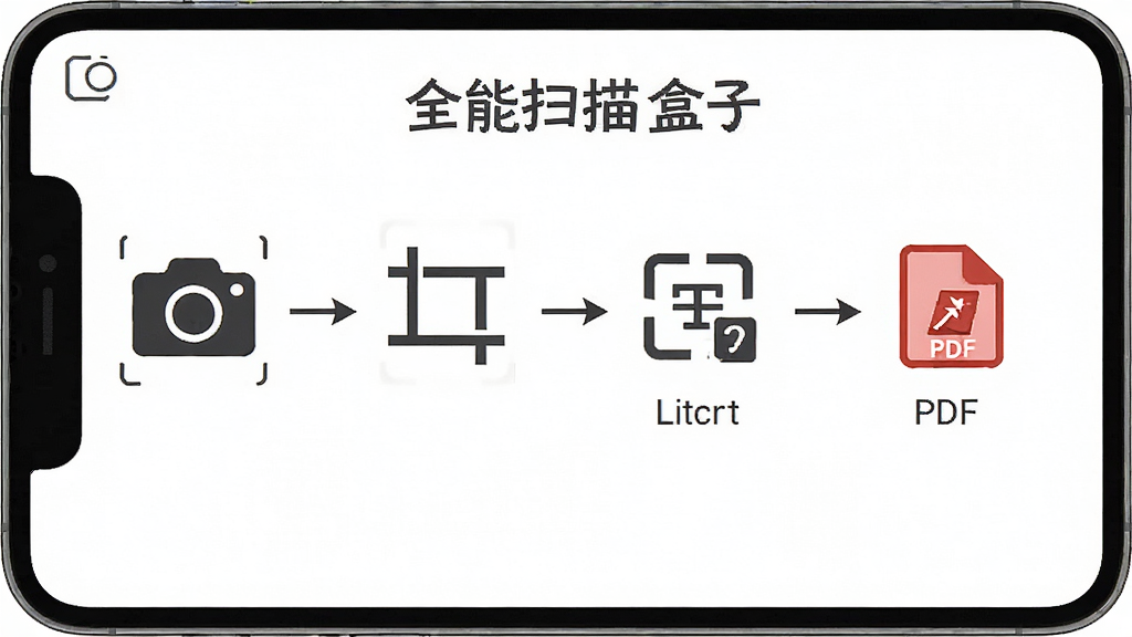 一张展示“全能扫描盒子”在手机上操作流程的引导图,主体是手机屏幕显示从拍照到生成PDF的四个步骤图标,布局为横向流程图,风格为简洁明了的图标设计,细节包括相机、裁剪、文字识别、PDF图标,画质清晰,干净,无多余元素