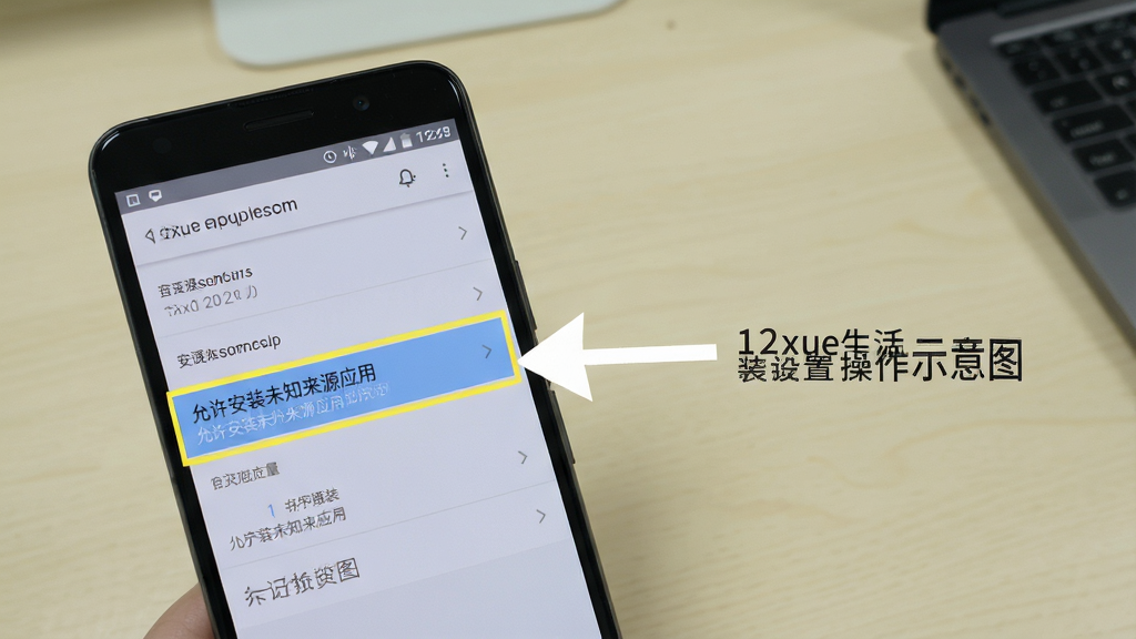 12xue���װ���ò���ʾ��ͼ��������һ����׿�ֻ���ʾ���ý��棬������ע��������װδ֪��ԴӦ�á�ѡ��Ա��м�ͷָ��������Ϊ����ǳɫ���棬���дʵ�������������ɾ�������