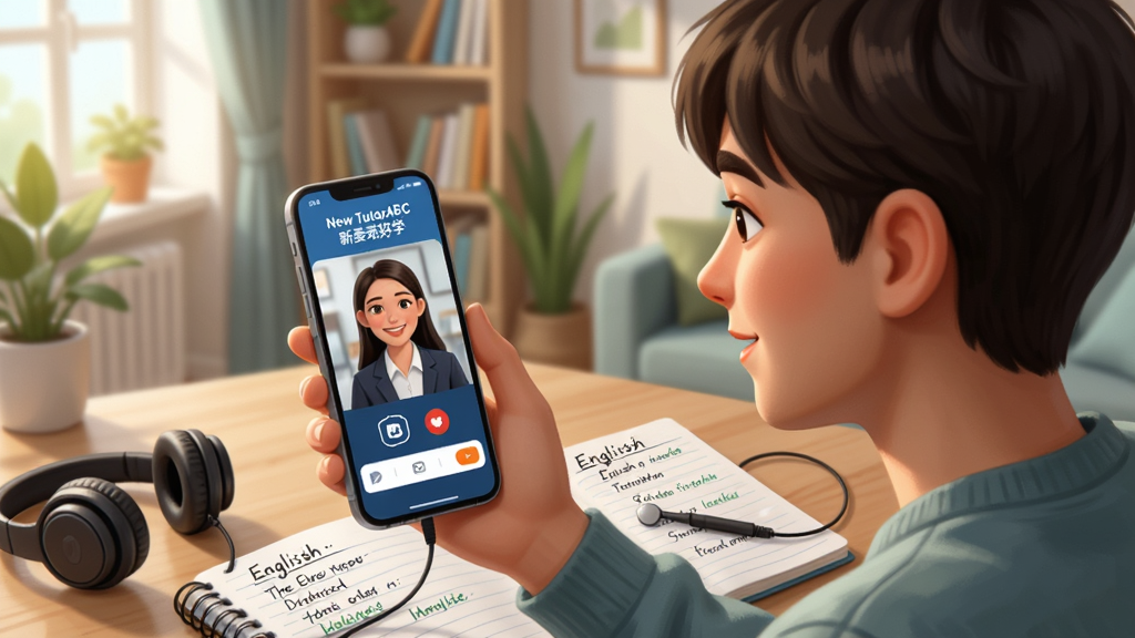 һ��չʾ��New TutorABC �������ѧ������Ӣ��ѧϰ������ͼƬ����������Ϊһλ����ѧϰ���������鷿���ֳ��ֻ�������Ƶ��̿γ̣��ֻ���Ļ��ʾ��New TutorABC �������ѧ��Ӧ�ý������������ͷ�������ϰڷ�Ӣ��ʼǱ��Ͷ���������Ϊ��ܰ�Ҿӻ��������ֲ������Ĺ�ͼ���������ֻ�Ϊ�Ӿ����㣬���Ϊ�ִ�дʵ�廭�磬ϸ�ڰ�����Ļ���⡢�����ߡ��ʼǱ��ϵ�Ӣ�ĵ��ʣ������������ɾ����޶���Ԫ��