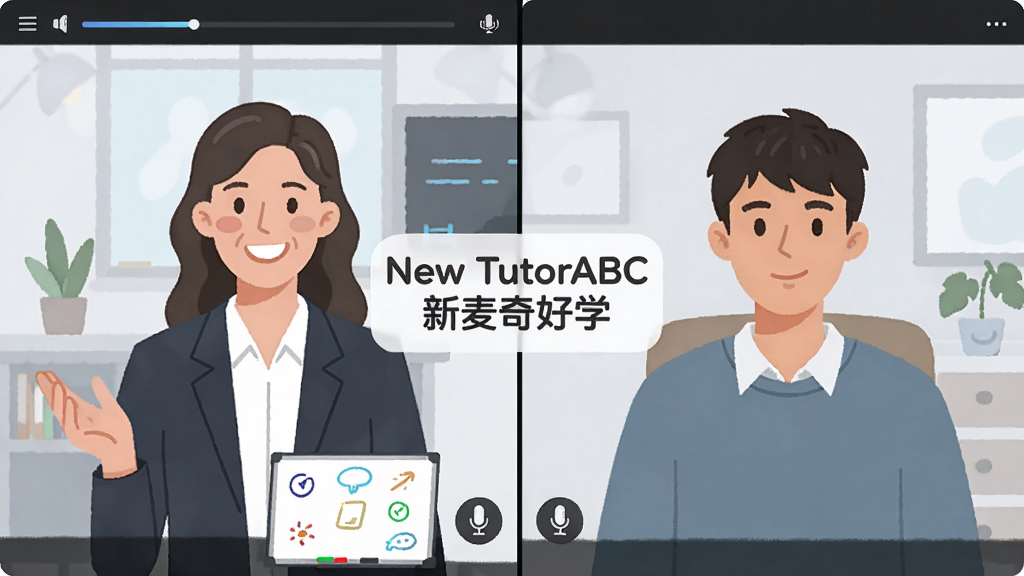 һ��չʾ��New TutorABC �������ѧ���������һ��һ��ѧ������ͼƬ����������Ϊ������Ƶ���棬���Ϊ�����ʦ΢Ц�ڿΣ��Ҳ�ΪѧԱ������������Ļ������ʾ��New TutorABC �������ѧ��Ʒ�Ʊ�ʶ������Ϊ�������߽��ҷ�񣬲��ֲ������ҷ�����ͼ�����Ϊ��ƽ�����ֲ廭��ϸ�ڰ����γ̽���������˷�ͼ�ꡢ�����װ壬�����������ɾ����޶���Ԫ��