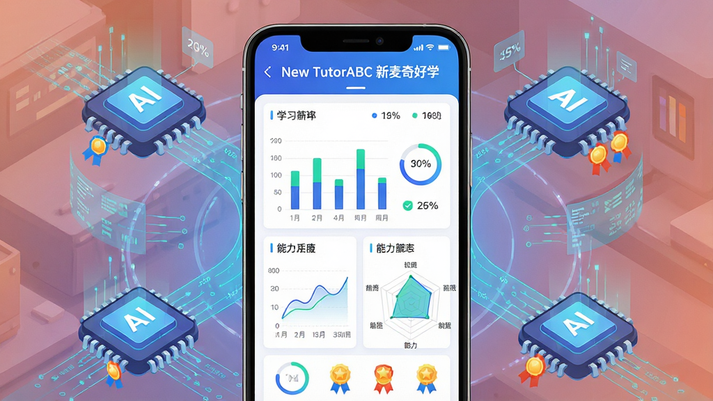 һ��չʾ��New TutorABC �������ѧ������ѧϰϵͳ�����ͼƬ����������Ϊ�ֻ���Ļ��ʾѧϰ�����Ǳ��̣�������״ͼ������ͼ�������״�ͼ�����涥����ע��New TutorABC �������ѧ������Χ����AIоƬ��������Ԫ�أ����ֲ������ķ��乹ͼ�����Ϊ�Ƽ���UI�廭��ϸ�ڰ����ٷֱ����֡����Ȼ�������ͼ�꣬�����������ɾ����޶���Ԫ��
