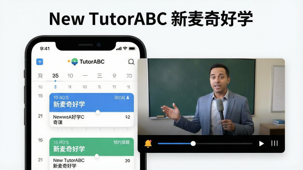һ��չʾ��New TutorABC �������ѧ��Լ����طŹ��ܵ�ͼƬ����������Ϊ�ֻ�����������ʾ��ԤԼ�γ̣���ߵ�����Ƶ�طŴ��ڣ���������ʾ��̽��λ��棬���涥����ע��New TutorABC �������ѧ�������ֲ������ηֲ㹹ͼ�����Ϊ�ִ���ƽ����ƣ�ϸ�ڰ���ʱ���ᡢ���Ž�������ԤԼ���������������������ɾ����޶���Ԫ��