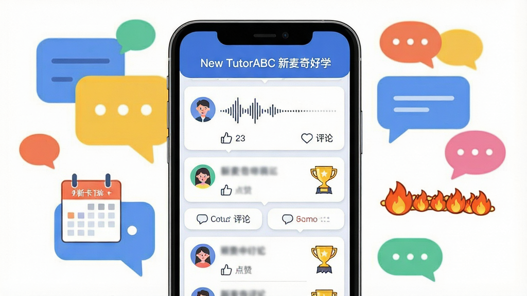 һ��չʾ��New TutorABC �������ѧ��ѧϰ����������ͼƬ����������Ϊ�ֻ���Ļ��ʾ������̬�б��������û�ͷ���������Ρ���������ͼ�꣬������ע��New TutorABC �������ѧ��������Ϊ���������Ի����ݣ����ֲ����ٲ�����ͼ�����Ϊ�����罻�廭��ϸ�ڰ���������������������������ͼ�꣬�����������ɾ����޶���Ԫ��