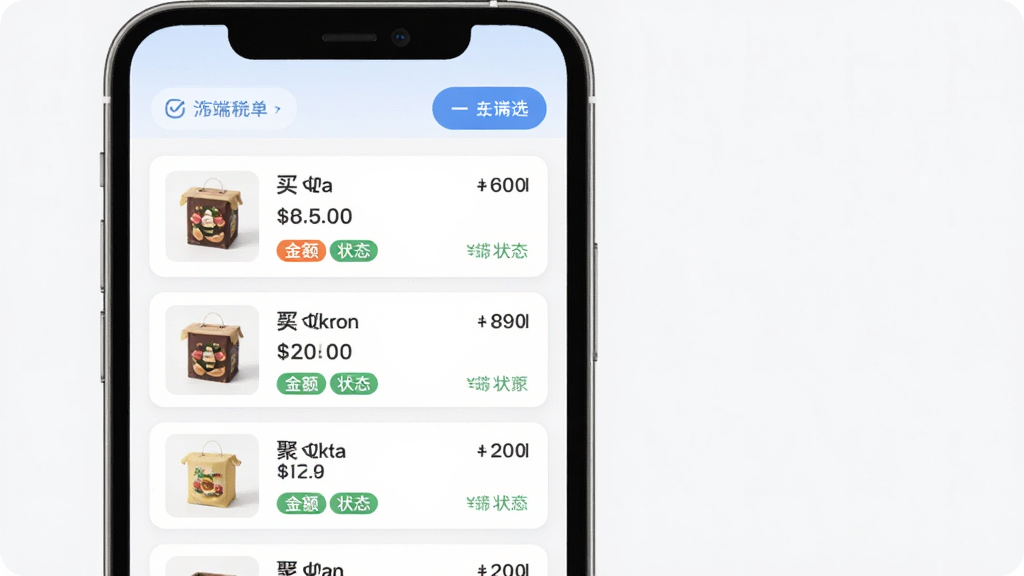 ��ͯ���̼Ҷ˶����������棬�ֻ���Ļ��ʾ�����б���ÿ��������Ƭ������Ʒ����ͼ������ǳơ�����״̬��ǩ��������ɸѡ��ť����������죬�����������ɾ����޶���Ԫ��