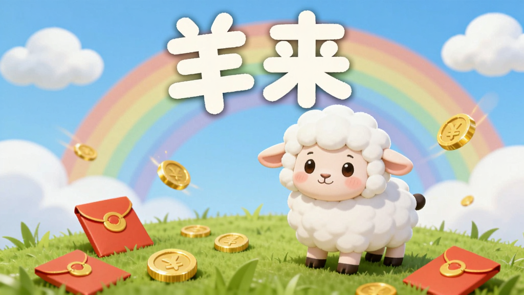 一只卡通风格的白色小羊站在绿色草地上,周围散落着金币和红包,背景是蓝天白云和彩虹,画面中央上方用圆润字体写着“羊来”,整体风格清新可爱,色彩明亮柔和,细节丰富,画质高清,干净无多余元素