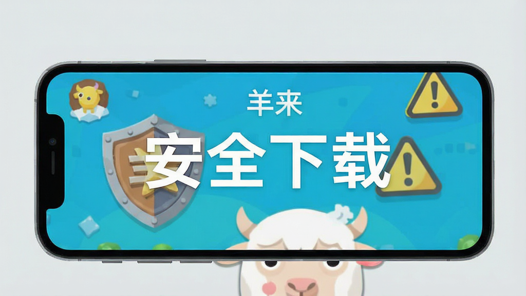 一部智能手机屏幕上显示“羊来”游戏界面,旁边有盾牌和警告图标,背景是简洁的浅灰色,画面中央写着“安全下载”四个字,风格扁平化,色彩对比鲜明,画质清晰,干净无多余元素