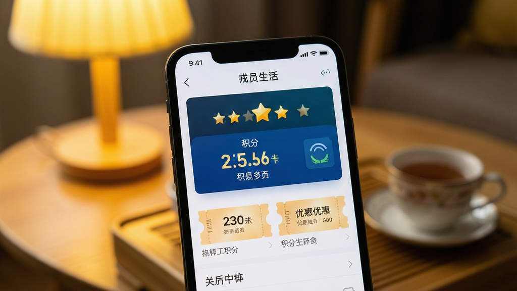 ��������Ϊ�ֻ���Ļ��д����Ļ����ʾ���������APP�Ļ�Ա���Ľ��棬����Ϊ��Ļ���С������黯Ϊů��ɫ�ƹ��µĲ輸��豭���Ű����΢����дͻ����Ļ���ݣ����Ϊ�ִ��Ƽ���������Ϣ��ϣ�ϸ�ڰ��������ϵ��Ǽ���Ա��ʶ���������֡��Ż�ȯͼ�꣬����Ϊ����������Ļ�޷��⡢�ɾ�������