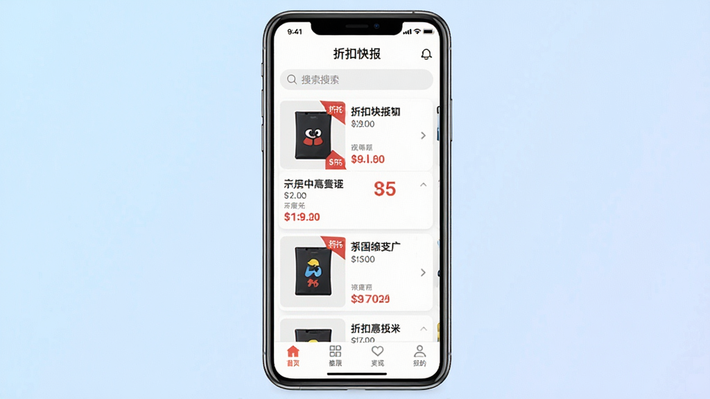 һ��չʾ�ۿۿ챨������������ֻ�Ӧ�ý�ͼ�������������ֻ���Ļ����Ļ����ʾ�ۿۿ챨APP����ҳ���������������в�Ϊ�����Ż���Ʒ�б����ײ��е�����������Ϊ����ɫ���䣬������ִ���ϸ�ڰ�����Ʒ����ͼ���ۿ۱�ǩ���۸����֣������������ɾ����޶���Ԫ��