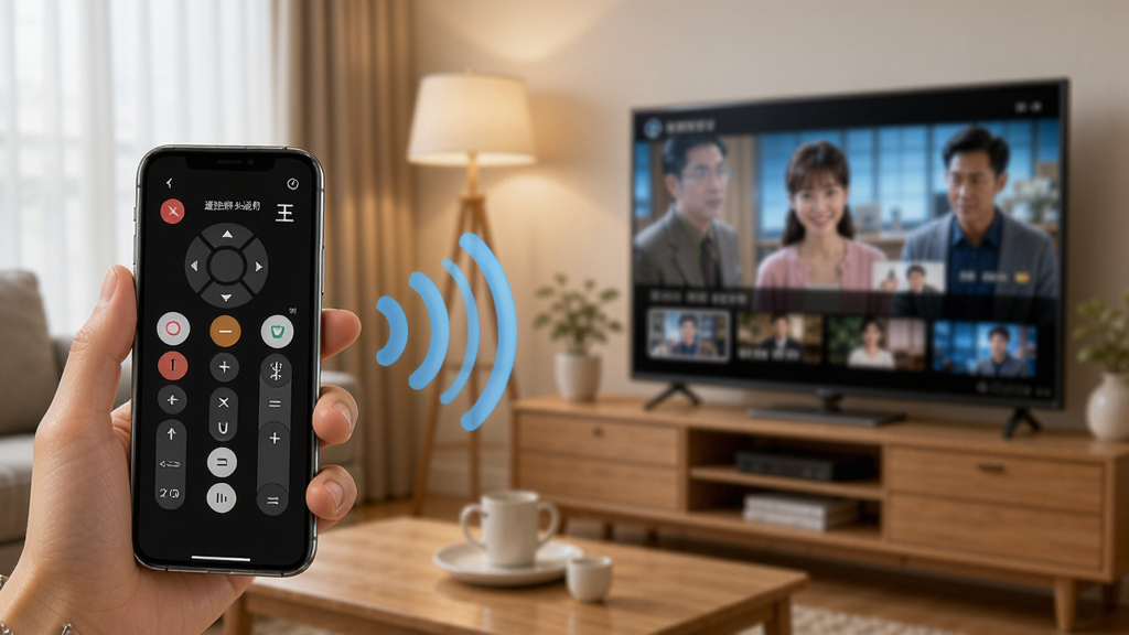 һ��չʾ��ң�����ֻ���������ͨ��WiFi�������ܵ��ӵ�ʾ��ͼ���������ֻ������֮���������źŲ������ӣ��ֻ���Ļ��ʾ����ң�������棬������Ļ��ʾ���ڲ��ŵĽ�Ŀ������Ϊ��ܰ�ļҾӿ������������дʵ��������ͣ����ʸ��壬�޶���Ԫ�ء�