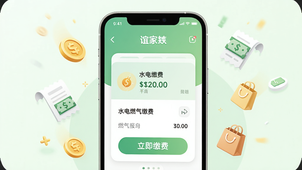 һ�����App����ɷѹ��ܵĽ���չʾ�廭���ֻ���Ļ����ʾˮ��ȼ���ɷѿ�Ƭ�����С������ɷѡ���ť����ΧƯ���Ž�ҡ��˵����������Сͼ�꣬���������¿ɰ�����ǳ��ɫ�Ͱ�ɫΪ��ɫ�������������ɾ����ʺ�����վ��ͼʹ��
