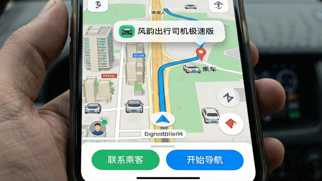 �ֻ���Ļ��ʾ��ͼ�������棬���Ϊ˾����ǰλ�ã��յ�Ϊ�˿��ϳ��㣬·�����С����ϳ���˾�����ٰ桱������ͼ�꣬��Ļ�·��С���ϵ�˿͡��͡���ʼ������������ť�����Ϊ�ִ���ͼӦ�ý��棬ɫ����������·�ͽ���ϸ�ڷḻ����������������ɾ������ҡ�